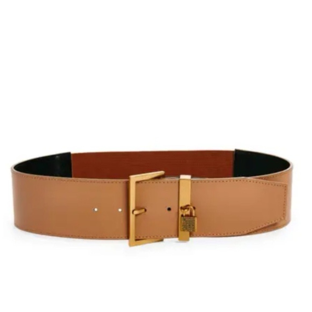 KURT GEIGER WIDE LEATHER BELT WITH BACK STRETCH PANEL CARAMEL SIZE M/L NWT
